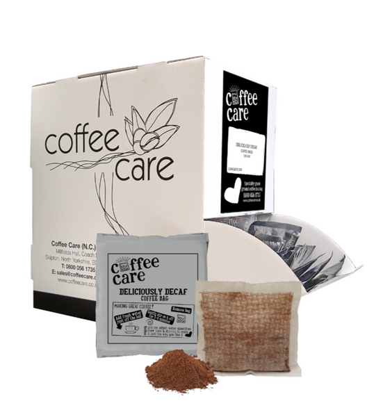 Dispenser box with 100 Deliciously Decaf Individually Wrapped Coffee Bags. Recyclable packaging