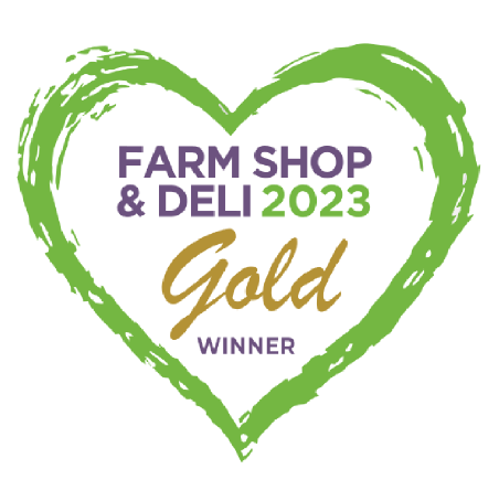 2023 farm shop and deli gold award green heart shaped logo