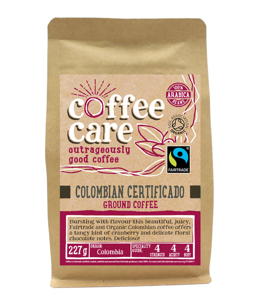 Front label of a 227g packet of Coffee Care’s Colombian Certificado Coffee. Ground coffee perfect for filter, cafetiere, V60 or chemex. Fairtrade and Organic Certified.