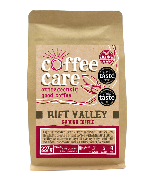 A 227g kraft packet of Coffee Care’s Rift Valley ground coffee. Pink label ground for filter & cafetiere. Freshly roasted & ground Kenya, Central & South America Coffee. 100% Arabica. Great Taste Award Winner 2017, 2022 and 2024.