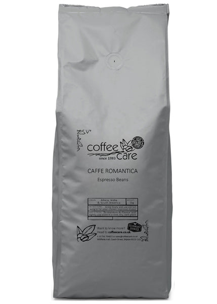 A 1 kilo grey recyclable packet of Coffee Care’s Caffe Romantica Espresso Beans. Freshly roasted Africa India & South America coffee. 100% Arabica Beans