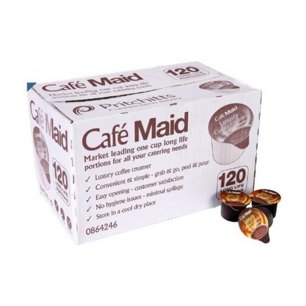 White box with brown print of 120 Cafe maid luxury coffee creamer single portion cream pods