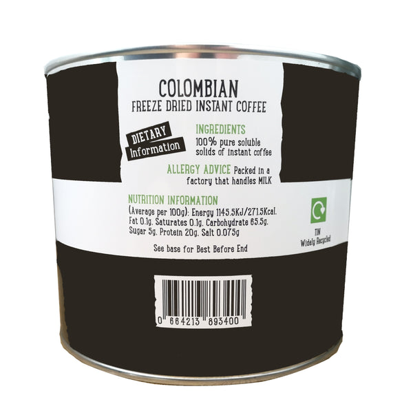 metal tin of Coffee Care's Colombian Freeze Dried Instant Coffee. dietary information and nutritional advice. Tin widely recyclable 