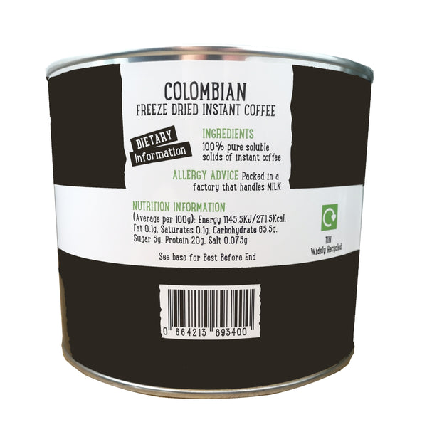 metal tin of Coffee Care's Colombian Freeze Dried Instant Coffee. dietary information and nutritional advice. Tin widely recyclable