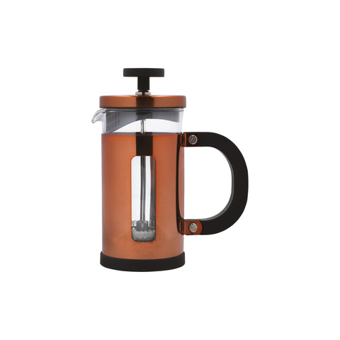 Side view of a La Cafetiere 3 Cup Copper Pisa Limited Edition Cafetiere. copper frame, glass beaker and black plastic handle
