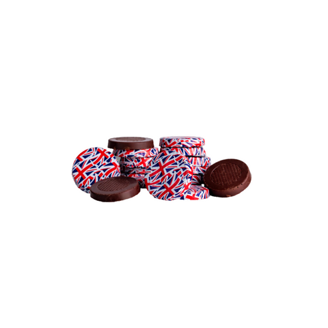 Dark chocolates with mint crisp inclusions. Union Jack foil wrapped chocolates.