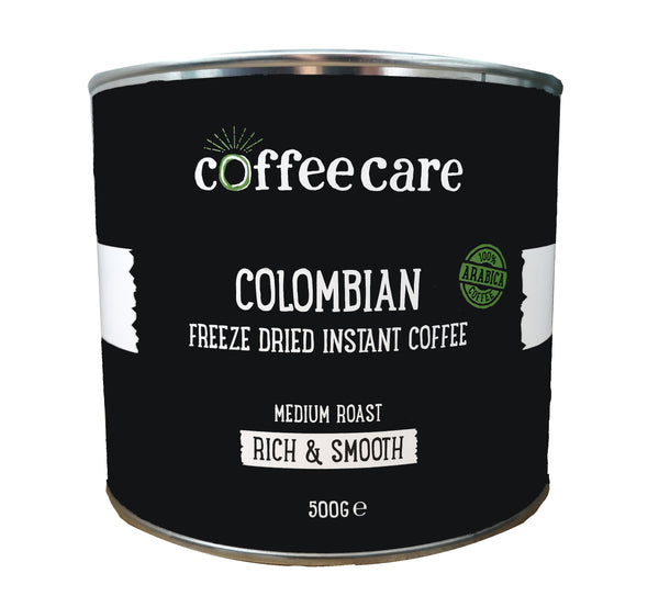 metal tin of Coffee Care's Colombian Freeze Dried Instant Coffee. 500g of arabica coffee. Medium roast, rich and smooth