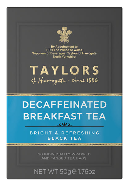 A small grey cardboard box with 20 individually wrapped and tagged Taylors of Harrogate Decaffeinated Breakfast Tea. Blue label –Bright & refreshing black tea