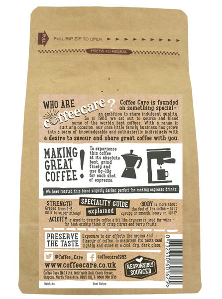 Back label of a 227g kraft packet of Coffee Care’s Caffe Romantica Espresso Beans with instructions how to make coffee.