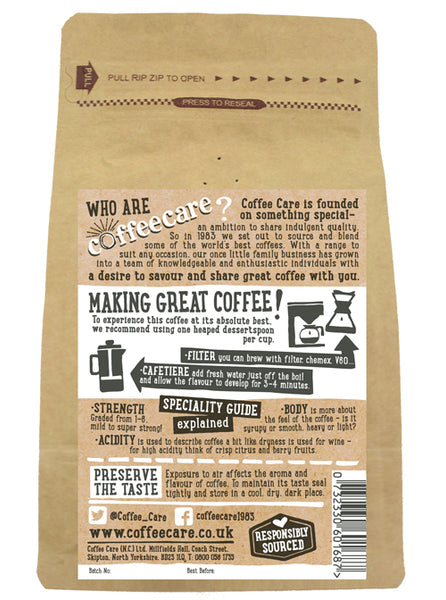 Back label of a 227g packet of Coffee Care’s Colombia Huila Fusion Ground Coffee. Instructions for Filter, V60, Chemex, Cafetiere.