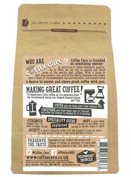 Back label of a 227g packet of Coffee Care’s Viennese Supreme Ground Coffee. Instructions for Filter, V60, Chemex, Cafetiere.