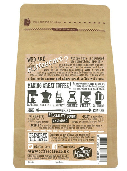 Back label of a 227g kraft packet of Coffee Care’s Rift Valley Coffee beans with instructions how to make coffee.