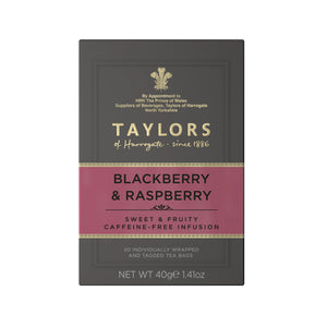 A small grey cardboard box with 20 individually wrapped and tagged Taylors of Harrogate Blackberry & Raspberry. Pink label –Sweet & fruity caffeine free infusion