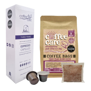 Carton of 10 capsules and kraft bag of 15 coffee bags. Great Taste winners.