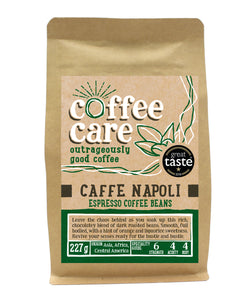 A 227g kraft packet of Coffee Care’s Cafe Napoli Espresso Beans. Dark green label for espresso beans. Freshly roasted Asia, Africa & Central America Coffee. Great Taste Winner 2018