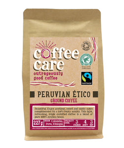 227g kraft packet of Coffee Care’s Fair’s Fair Espresso Decaffeinato ground espresso beans. Light green label for ground espresso. Freshly roasted & ground Central & South America Coffee. 100% Arabica. Fairtrade Certified