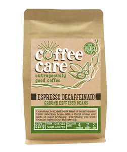 A 227g kraft packet of Coffee Care’s Brazil Cerrado Swiss Water Process Decaffeinated Coffee. Pink label ground for filter & cafetiere. 100% Arabica ground coffee beans
