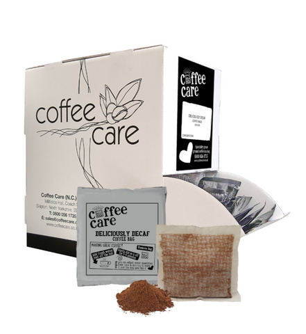 Dispenser box with 100 Deliciously Decaf Individually Wrapped Coffee Bags. Recyclable packaging