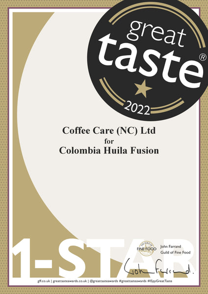 Great Taste 2022 Certificate. 1 star award for Coffee Care's Colombia Huila Fusion