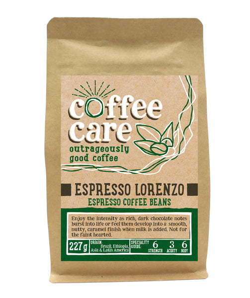 A 227g kraft packet of Coffee Care’s Espresso Lorenzo Espresso Beans. Dark green label for espresso beans. Freshly roasted Brazil, Ethiopia, Asia & Latin America
