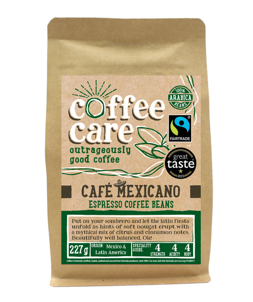 A 227g kraft packet of Coffee Care’s Cafe Mexicano Espresso Beans. Dark green label for espresso beans. Mexico and Latin America Coffee. Fairtrade certified 100% Arabica beans. Great Taste 2022 winner