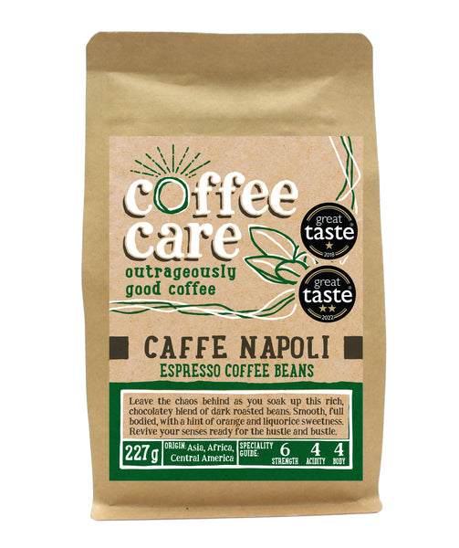 A 227g kraft packet of Coffee Care’s Cafe Napoli Espresso Beans. Dark green label for espresso beans. Freshly roasted Asia, Africa & Central America Coffee. Great Taste Winner 2018 and 2022