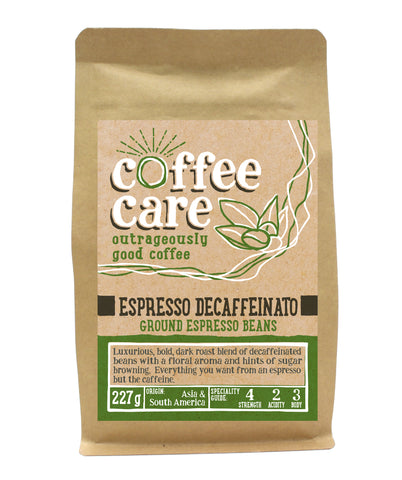 227g kraft packet of Coffee Care’s Espresso Decaffeinato ground espresso beans. Light green label for ground espresso. Freshly ground South America and Asia.