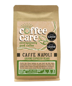 A 227g kraft packet of Coffee Care’s Cafe Napoli Ground Espresso Beans. Light green label for ground espresso. Freshly roasted Asia, Africa & Central America Coffee. Great Taste Award Winner 2018 and 2022