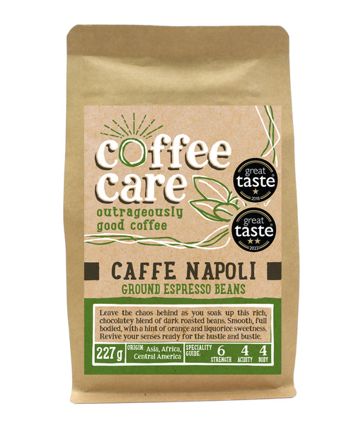 A 227g kraft packet of Coffee Care’s Cafe Napoli Ground Espresso Beans. Light green label for ground espresso. Freshly roasted Asia, Africa & Central America Coffee. Great Taste Award Winner 2018 and 2022