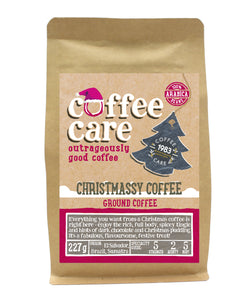 Front label of a 227g packet of Coffee Care’s Christmassy Coffee from El Salvador, Brazil and Sumatra. Ground coffee perfect for filter, cafetiere, V60 or chemex