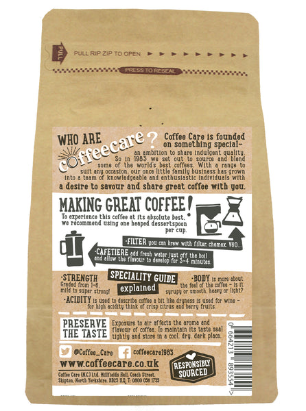 Back label of a 227g packet of Coffee Care’s Colombian Certificado Ground Coffee. Instructions for Filter, V60, Chemex, Cafetiere.
