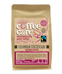 Front label of a 227g packet of Coffee Care’s Colombian Certificado Coffee. Ground coffee perfect for filter, cafetiere, V60 or chemex. Fairtrade and Organic Certified.