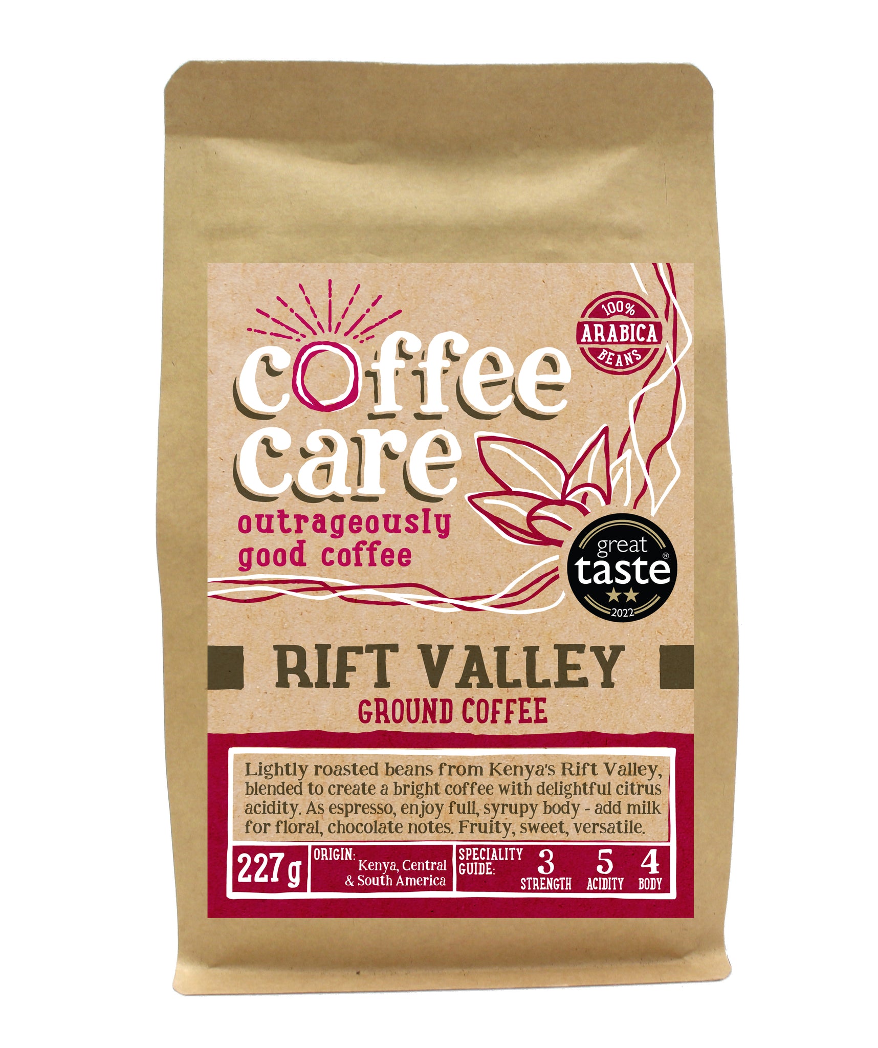A 227g kraft packet of Coffee Care’s Rift Valley ground coffee. Pink label ground for filter & cafetiere. Freshly roasted & ground Kenya, Central & South America Coffee. 100% Arabica. Great Taste Award Winner 2017 and 2022.