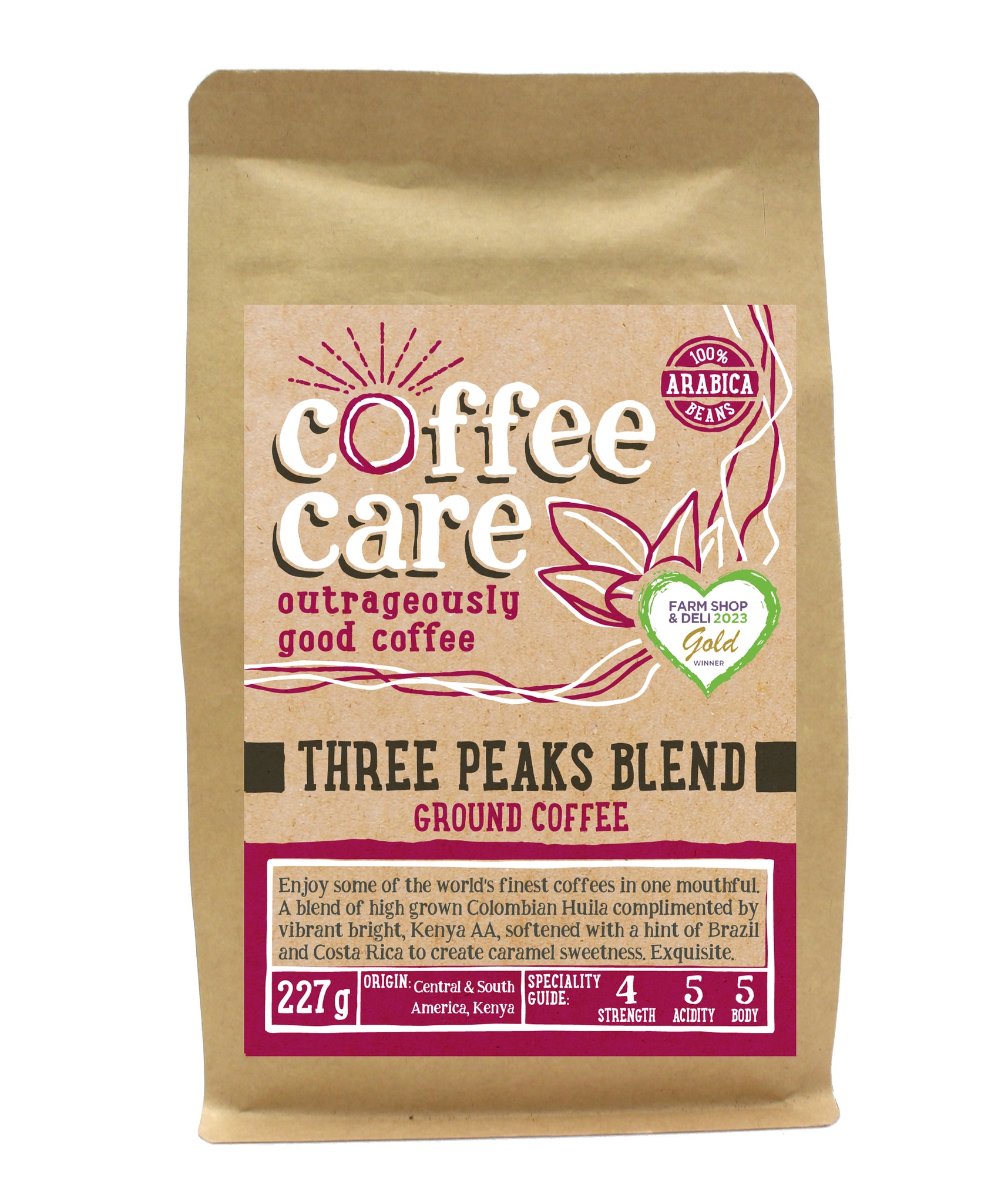 A 227g kraft packet of Coffee Care’s Three Peaks ground coffee. Pink label ground for filter & cafetiere. Freshly roasted & ground Kenya, Central & South America Coffee. 100% Arabica. Farm Shop and Deli Gold Product award and Deliciouslyorkshire Winner 2017