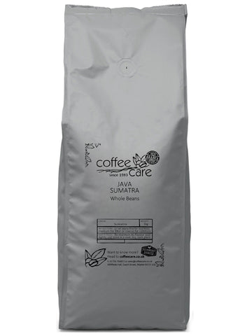  A 1 kilo grey recyclable packet of Coffee Care’s Java Sumatra Coffee Beans. Freshly roasted Sumatra Coffee. 100% Arabica. 