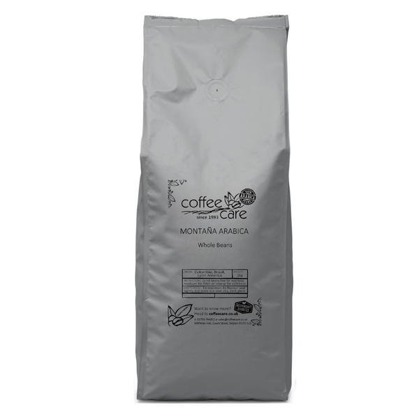 A 1 kilo grey recyclable packet of Coffee Care’s Montana Arabica Coffee Beans. Freshly roasted Colombia, Brazil and Latin America coffee. 100% Arabica.