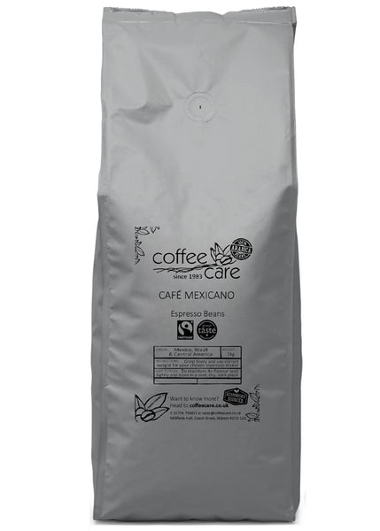 A 1 kilo grey recyclable packet of Coffee Care’s Cafe Mexicano Beans. Freshly roasted Mexico and South America Coffee. Fairtrade certified, 100% Arabica and Great Taste Winner 2022