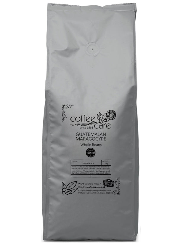 A 1 kilo grey recyclable packet of Coffee Care’s Guatemalan Maragogype Coffee Beans. Freshly roasted Guatemala Coffee. 100% Arabica. Great Taste Award Winner 2017