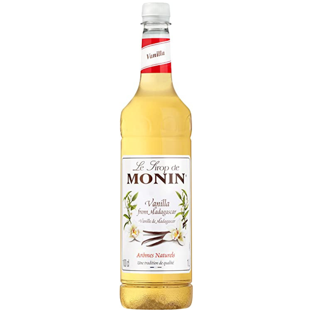 one litre plastic bottle of MONIN Vanilla Syrup from madagascar