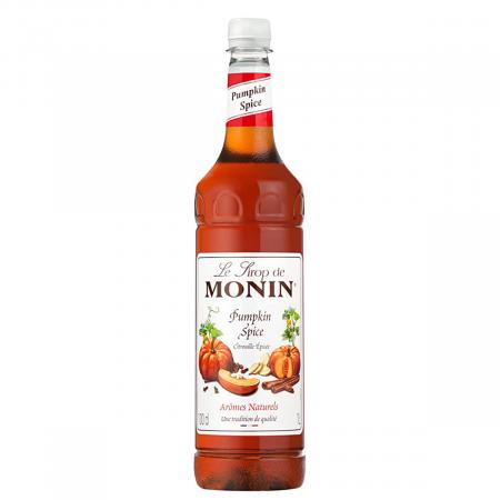 A 1 litre plastic bottle of MONIN Pumpkin Spice Syrup. 