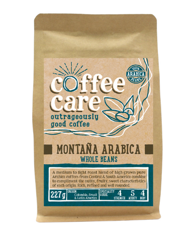 A 227g kraft packet of Coffee Care’s Montana Arabica Coffee. Blue label for whole beans. Brazil, Colombia and Latin America coffee. 100% Arabica whole beans