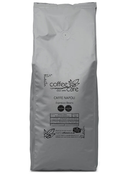 A 1 kilo grey recyclable packet of Coffee Care’s Cafe Napoli Espresso Beans. Freshly roasted Asia, Africa & Central America Coffee. Great Taste Winner 2018 and 2022