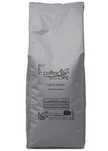A 1 kilo grey recyclable packet of Coffee Care’s Caffe Senso Espresso Beans. Freshly roasted Java, India, Ethiopia & Brazil.