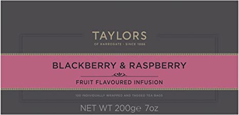 A large grey cardboard box with 100 individually wrapped and tagged Taylors of Harrogate Blackberry and Raspberry. Pink label – Fruit flavoured infusion