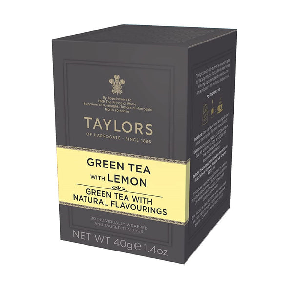 Side view of small grey cardboard box with 20 individually wrapped and tagged Taylors of Harrogate Green Tea with Lemon. Green label – Fresh citrussy green tea