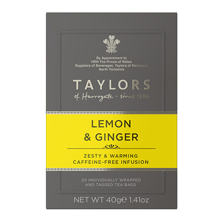 A small grey cardboard box with 20 individually wrapped and tagged Taylors of Harrogate Lemon and ginger. Yellow label – Zesty and warming caffeine free infusion