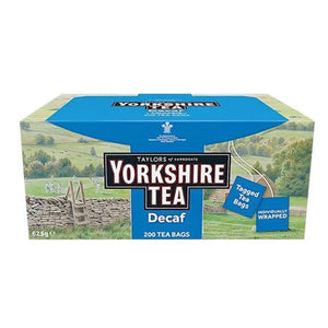 Yorkshire landscape cardboard box of 200 one cup individually foil wrapped tagged decaffeinated tea bags. Yorkshire Tea, Taylors of Harrogate - Let’s have a proper brew