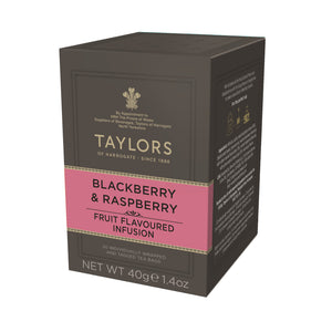 Side view of small grey cardboard box with 20 individually wrapped and tagged Taylors of Harrogate Blackberry & Raspberry. Pink label –Sweet & fruity caffeine free infusion