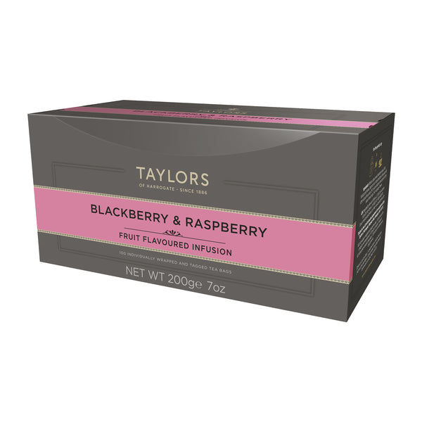 Side view of large grey cardboard box with 100 individually wrapped and tagged Taylors of Harrogate Blackberry and Raspberry. Pink label – Fruit flavoured infusion