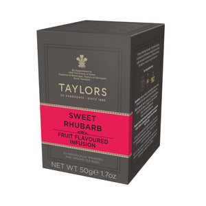 Side view of small grey cardboard box with 20 individually wrapped and tagged Taylors of Harrogate Sweet Rhubarb tea bags. Bright pink label – Fruit flavoured infusion